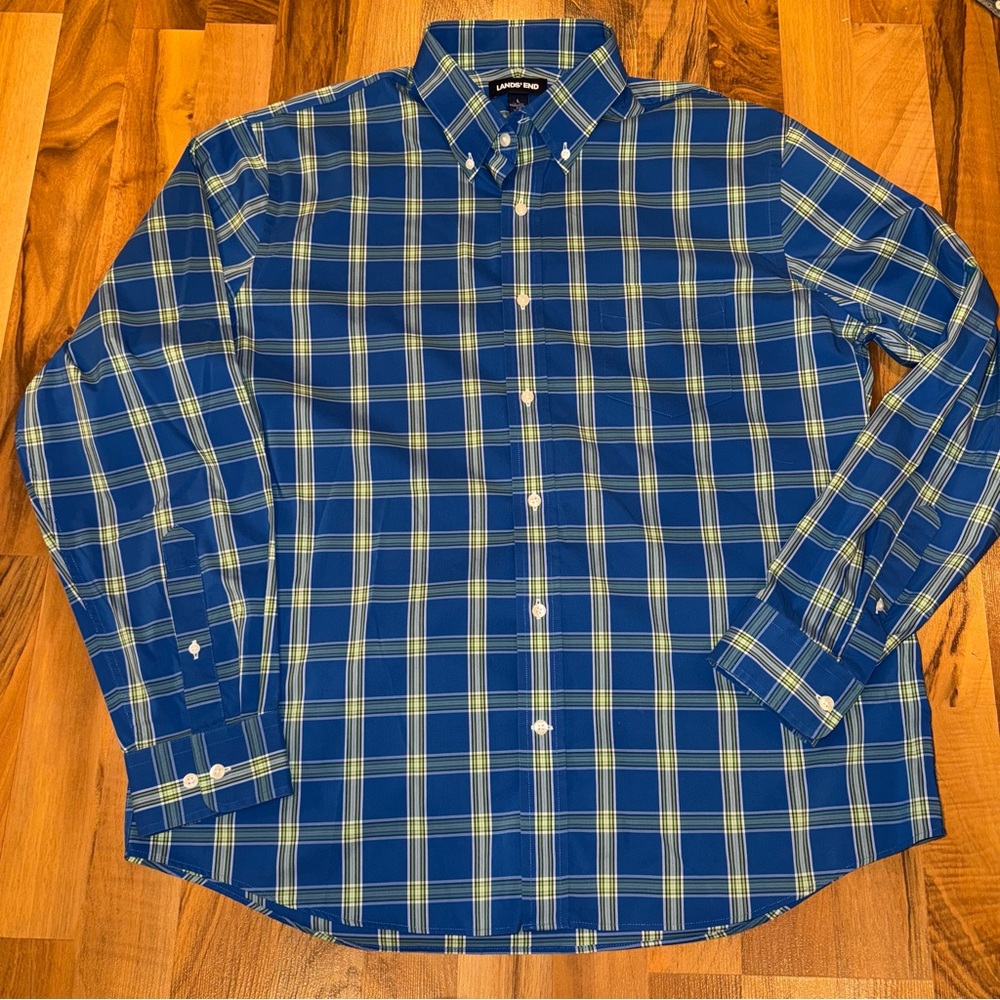 Lands' End blue green plaid performance non iron button down large traditional‎